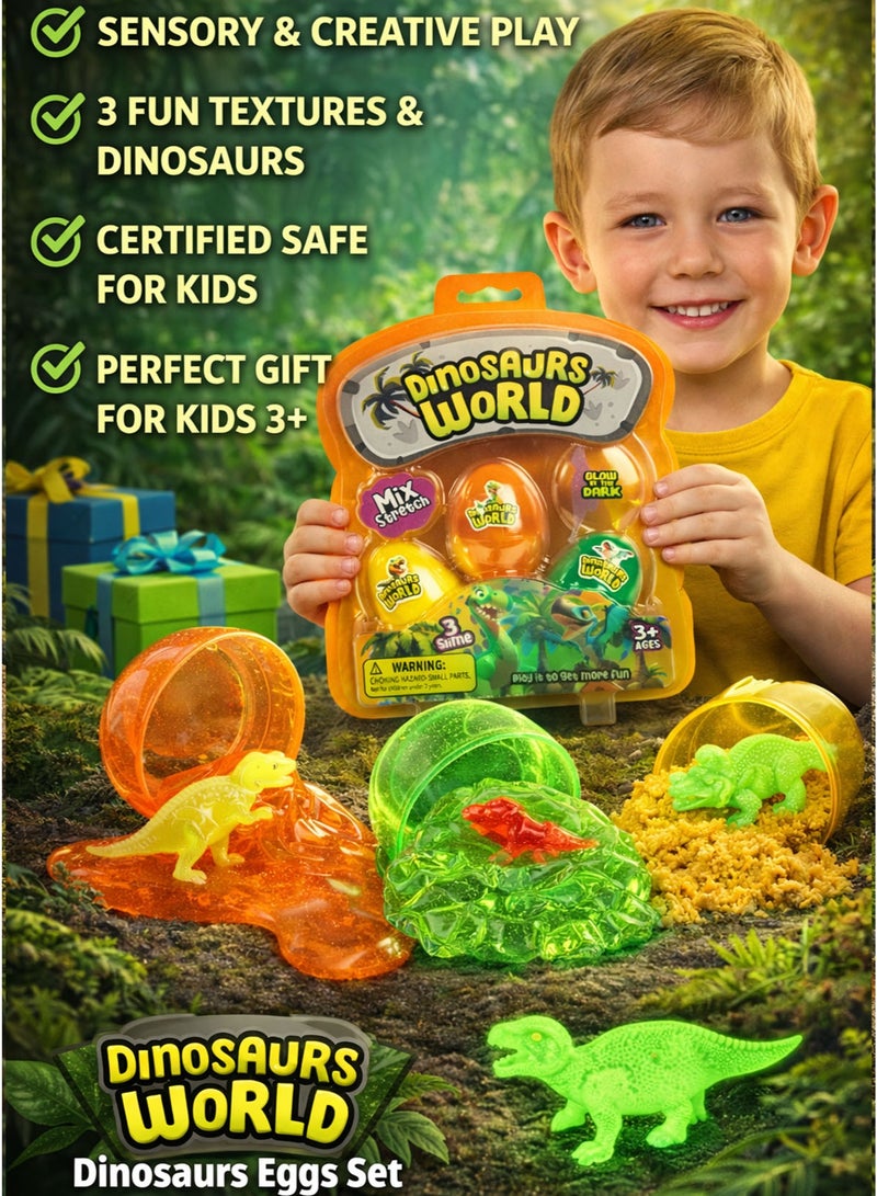 فريق عظيم مجموعة Greateam Dinosaurs World الحسية المكونة من 3 بيضات سلايم برتقالي قابل للتمدد عجينة كريستالية خضراء ورمل متحرك أصفر مع 2 مجسم ديناصور يضيئان في الظلام طقم سلايم مطاطي للأطفال 3+ سنوات لعبة حسية مستوحاة من عالم الديناصورات لعبة تعليمية آمنة معتمدة EN71 للأطفال أفضل هدية لرمضان - Image 5